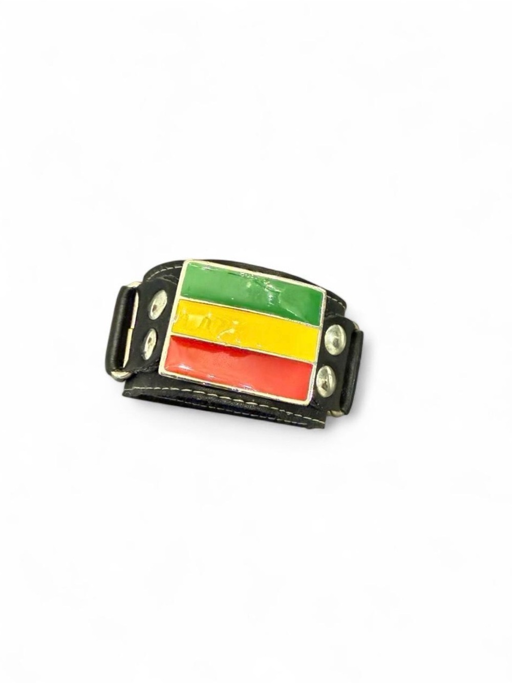 Black Leather Cuff Bracelet with Enamel Jamaican Green-Yellow-Red Flag